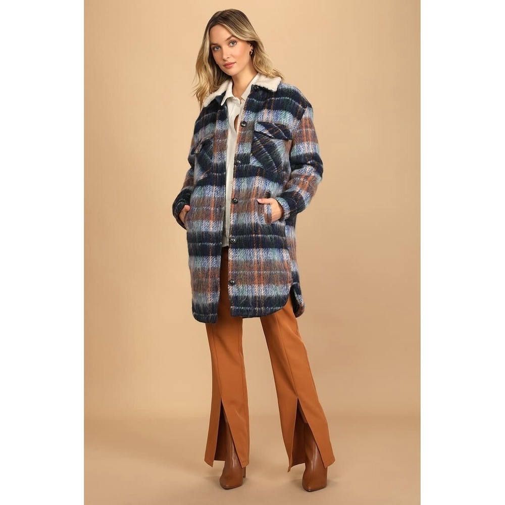 Blanknyc Women Coat Sz M Plaid Long Shacket Padded Button Up Modern Wool Blend